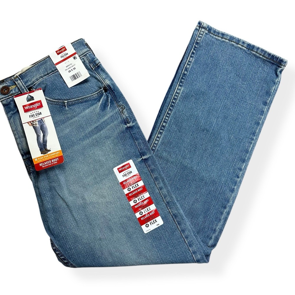 NWT‎ Wrangler Five Star Premium Relaxed Boot Blue Denim Jeans Men's 29x30 Flex